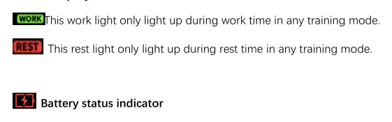 Timer display indicators including Work, Rest, Battery, and Bluetooth status.