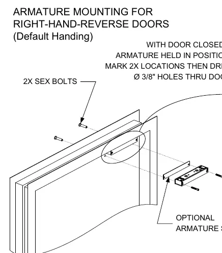 Armature mounting for right-hand-reverse doors