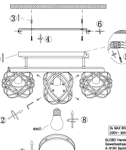 Installation diagram showing mounting, wiring, and assembly