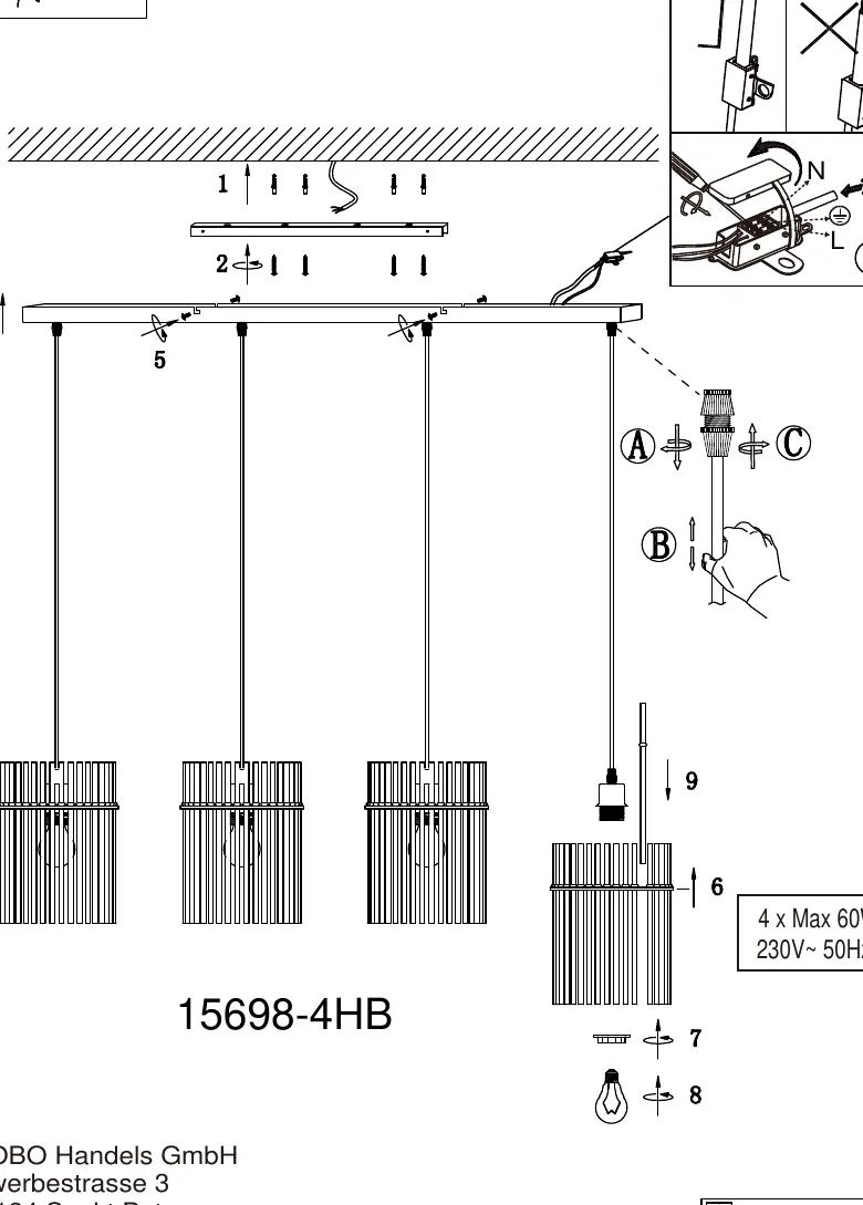 Installation diagram for the pendant lamp