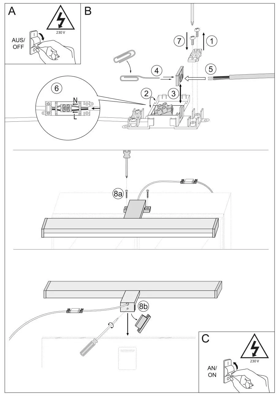 Installation steps for the Sebson C120 mirror light