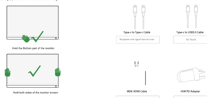 Correct and incorrect ways to hold the monitor.