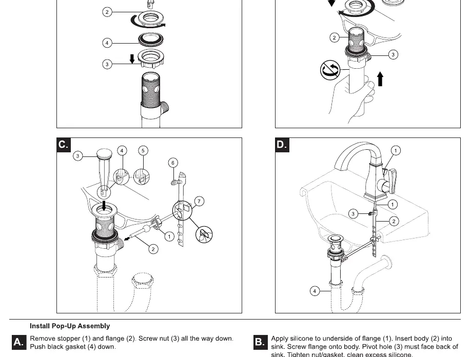 Pop-up drain assembly steps (3A-D)