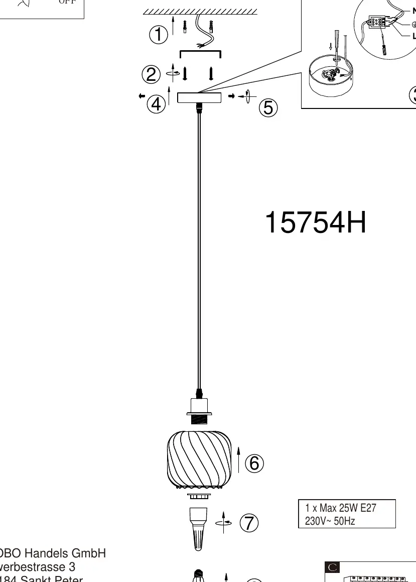 Installation diagram for the 15754H pendant light