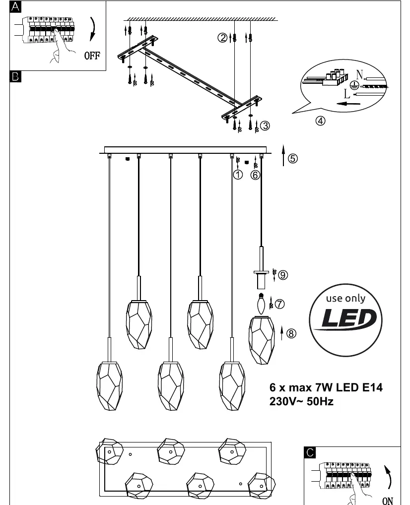 Installation diagram for the pendant light