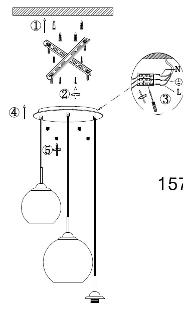 The diagram clearly illustrates the step-by-step mounting and wiring process for the pendant lamp.