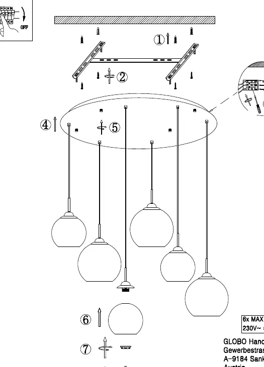 Installation diagram showing mounting, wiring, and assembly steps.