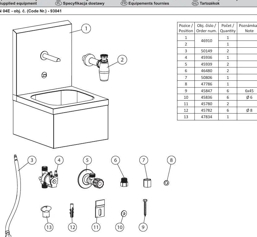 Parts list and exploded view