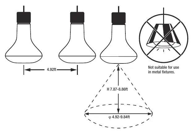 Installation diagram showing height, detection range, and metal fixture warning.