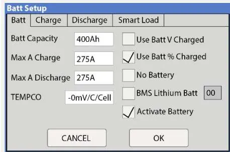 Battery Setup menu
