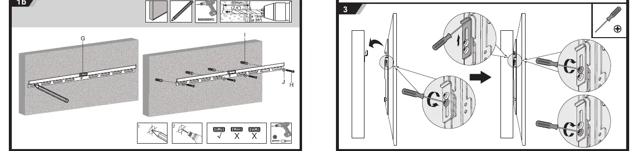 Hanging the TV onto the wall plate and securing it.