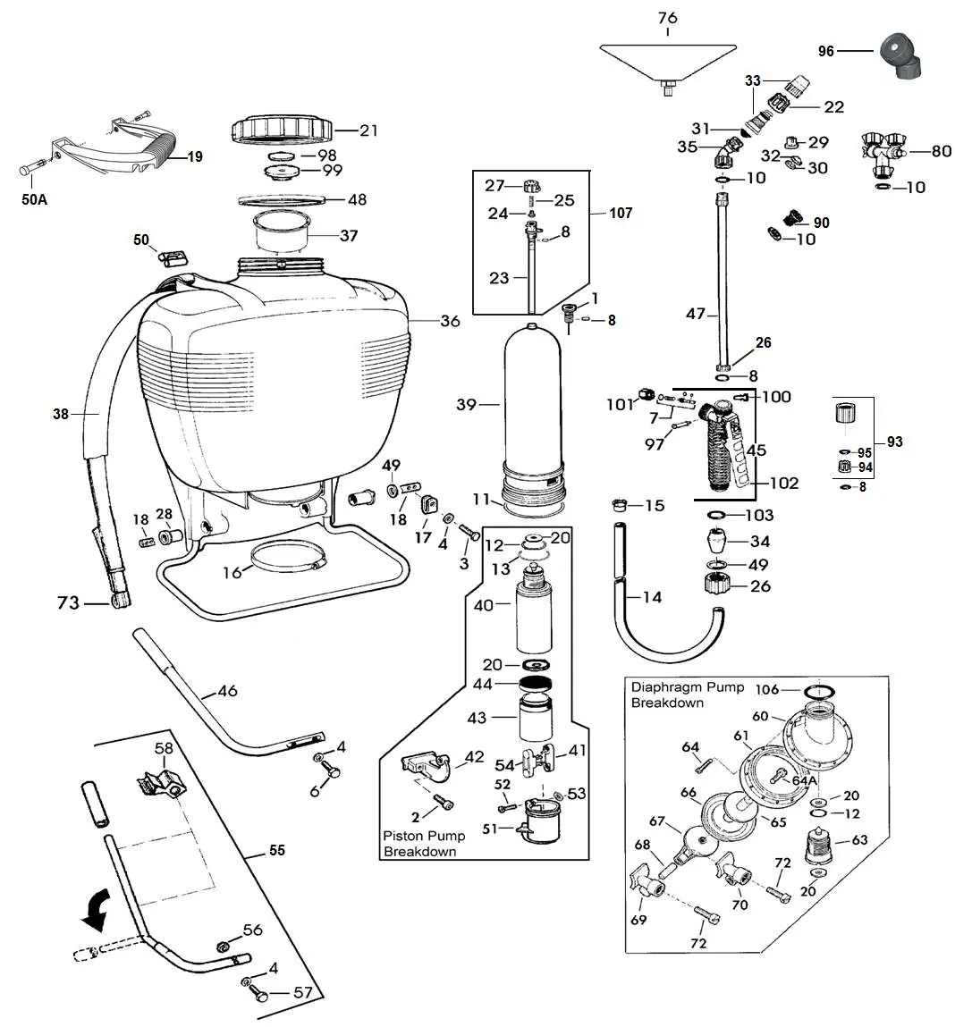 Exploded view of sprayer components and parts list.