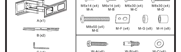 Parts list including screws, spacers, and wall anchors.