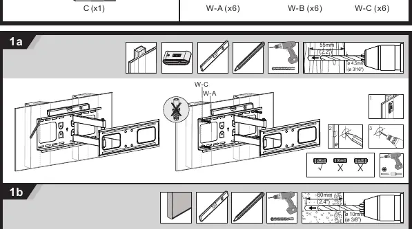 Wall mounting steps for wood studs and concrete/brick.