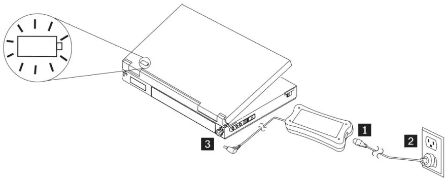 Connecting the AC adapter to the notebook and power outlet.