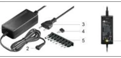 Product overview showing the power supply, adjustment tool, and adapter plugs.