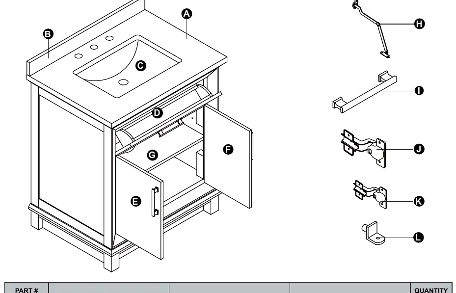 Exploded view of the vanity and parts list