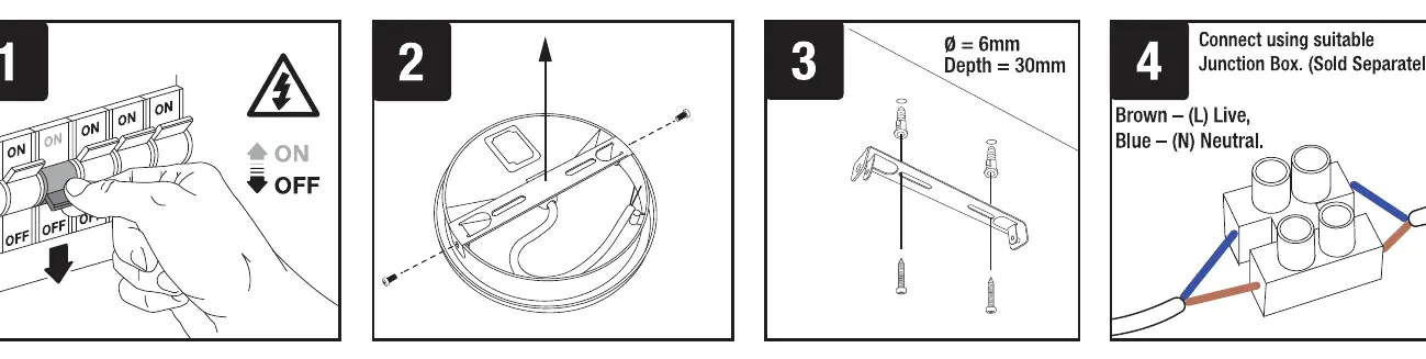 Installation steps 1 through 4: Power isolation, mounting preparation, drilling, and wiring.