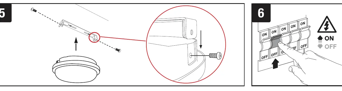 Installation steps 5 and 6: Securing the fixture and restoring power.