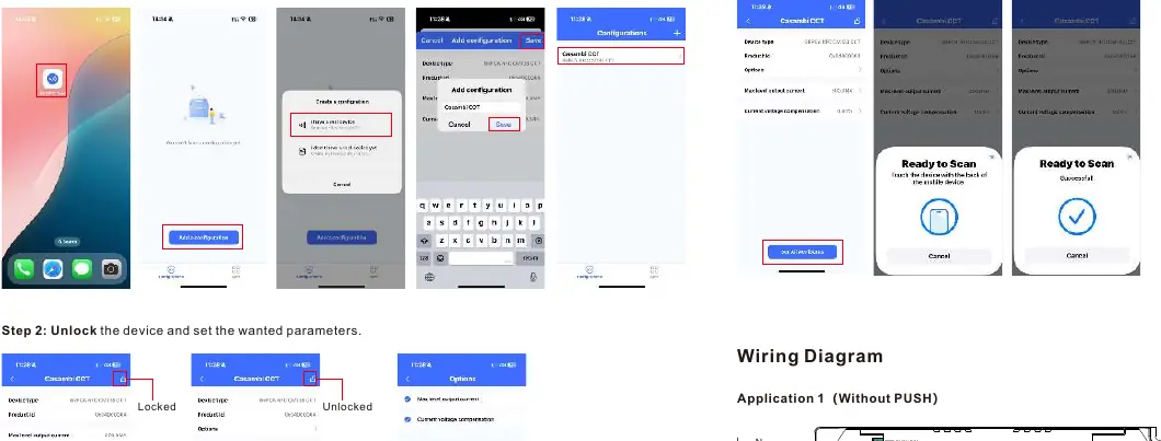 NFC configuration steps using the SR NFC Tool app.