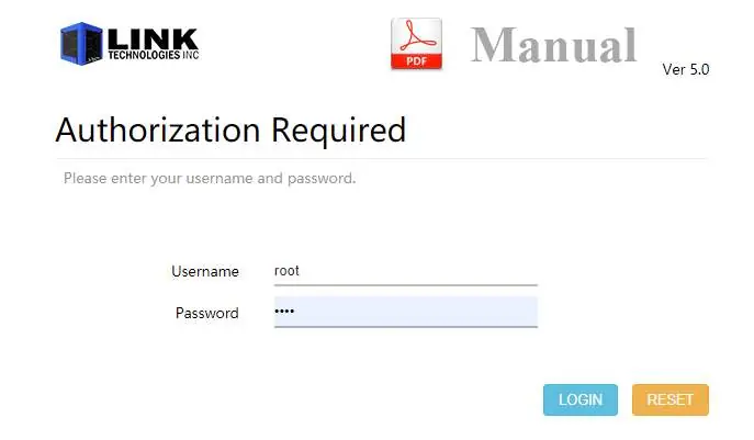 Web interface login screen