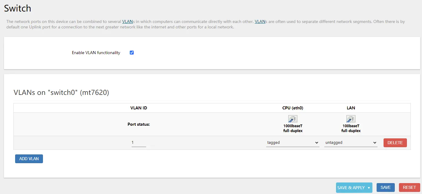 VLAN configuration settings