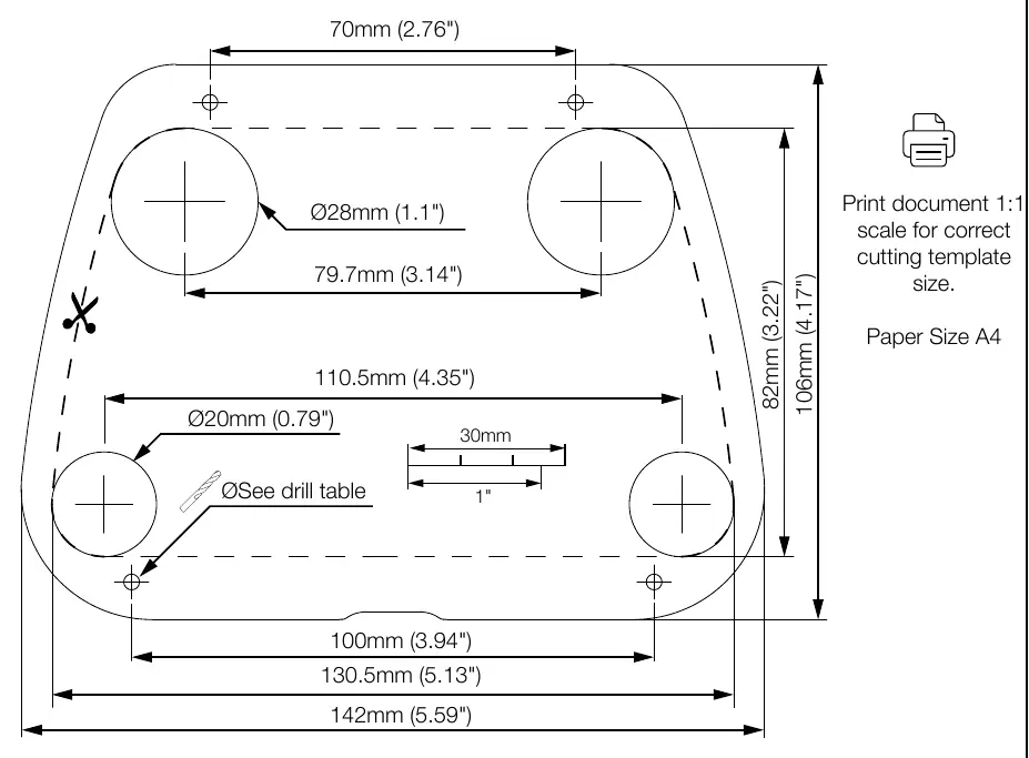Cutting template and dimensions