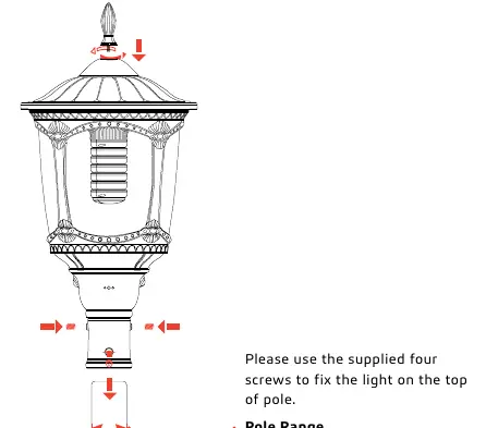 Installation diagram showing the light being secured to the pole with screws.