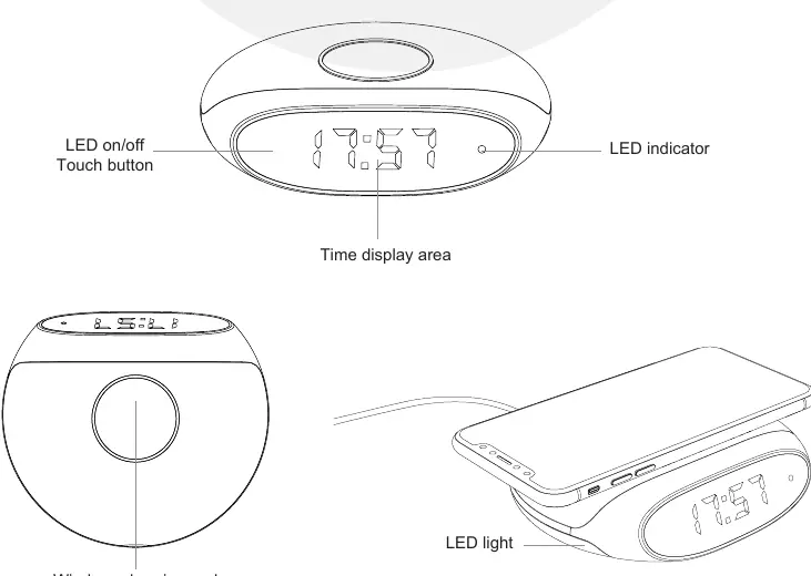 Product overview showing the touch button, time display, and charging pad.