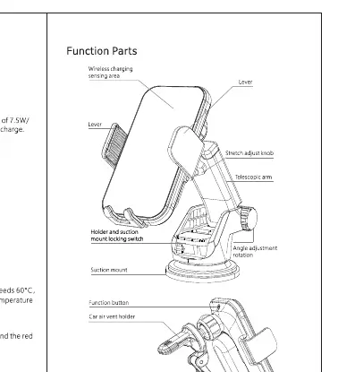 Function parts diagram showing the wireless charging holder, telescopic arm, and mounting components.