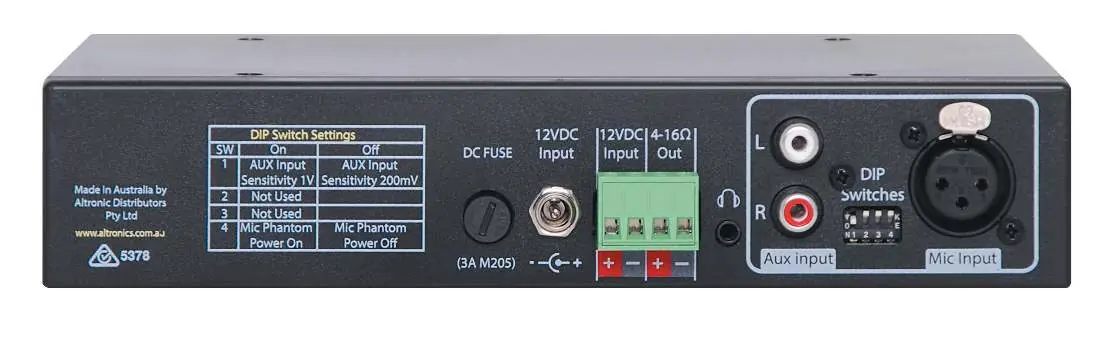 Rear panel layout showing inputs, outputs, and DIP switches.