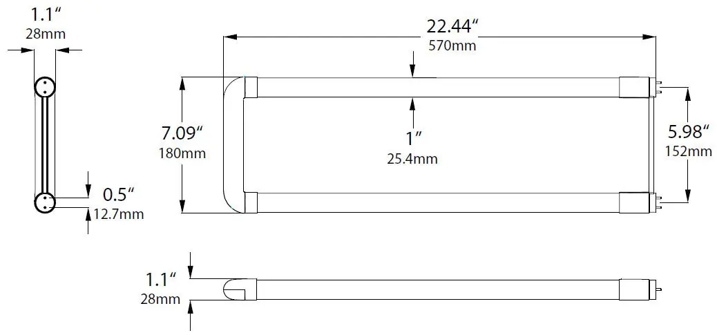 Dimensional diagram of the 2FT U-Shaped LED tube