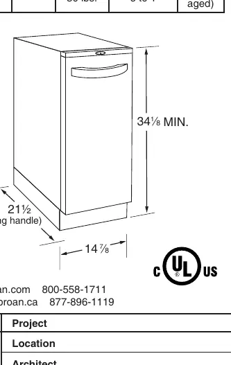 Dimensional diagram of the Broan 15WT trash compactor