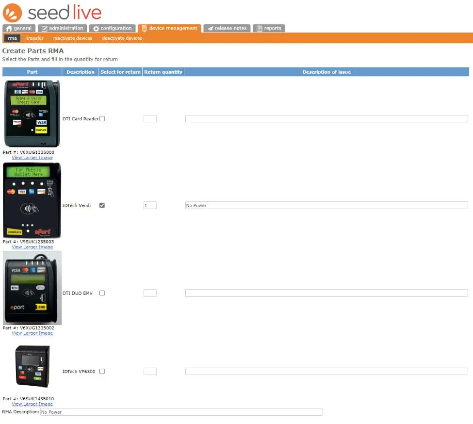 Create Parts RMA screen