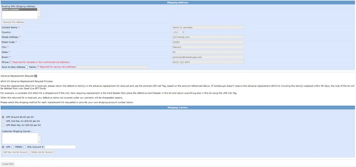 Shipping address and advanced replacement form