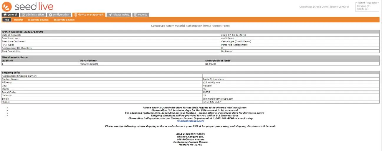 RMA confirmation page