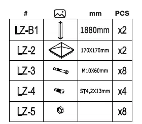 Parts list and component dimensions
