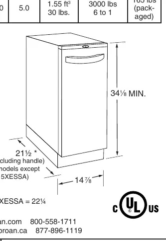 Dimensions of the Broan XE Series trash compactor