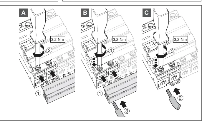Installation steps A, B, and C showing cable and busbar connection