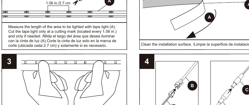 Installation steps 1-4: Measuring, cutting, and cleaning the surface.