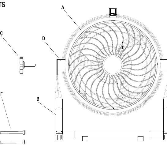 Parts diagram showing fan head, stand, and mounting hardware.