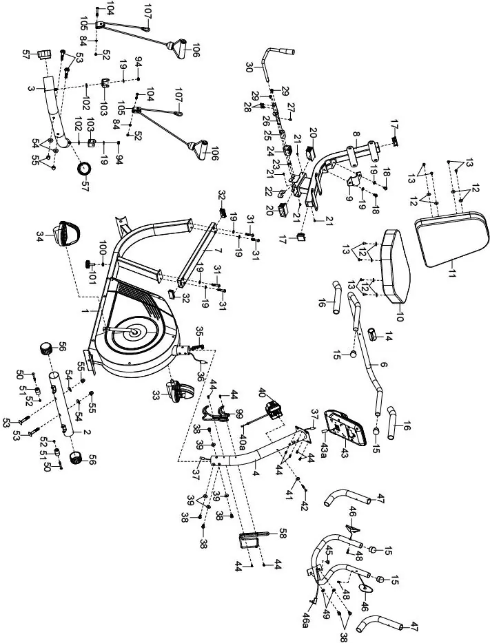Exploded diagram of the recumbent bike