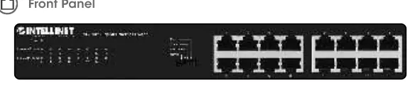 Front panel layout showing ports, LEDs, and slide switch
