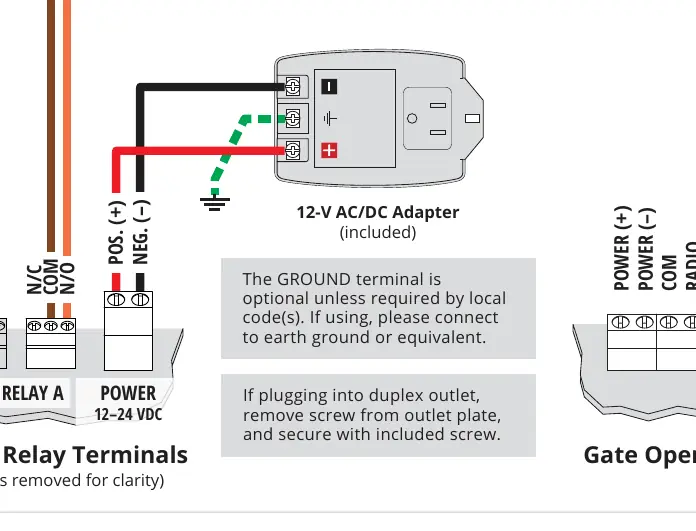 Wiring diagram for connecting the Ascent unit to a gate operator or door opener.