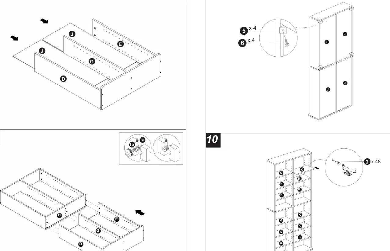 Steps 7 through 10: Installing back panels and shelf pins.