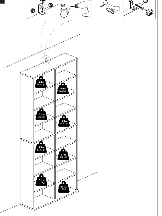 Step 11: Wall mounting and weight capacity diagram.