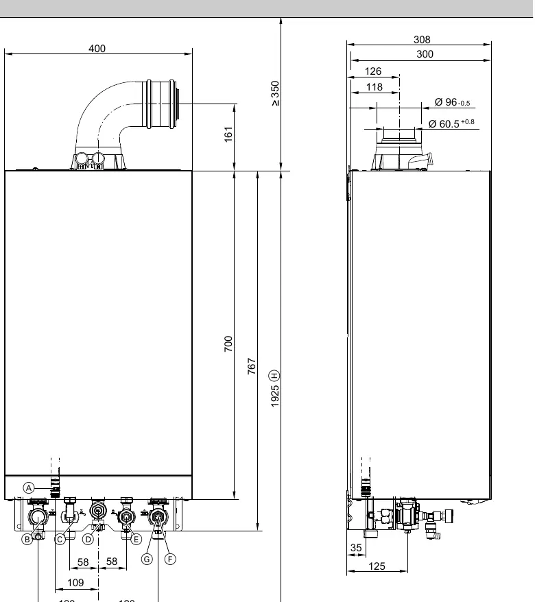 Installation dimensions for Vitodens 050-W