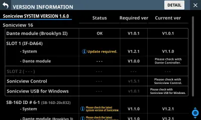 Version Information screen showing current firmware status