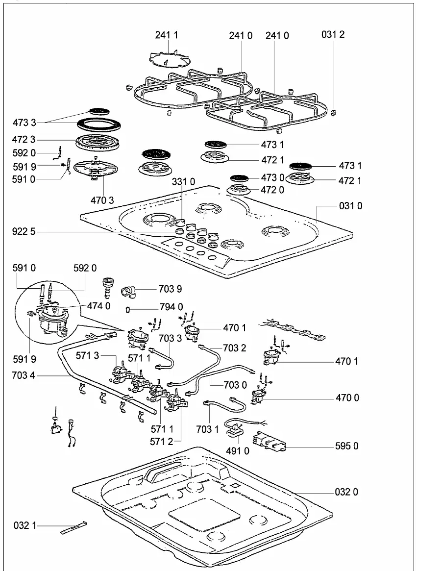 Exploded view of the gas hob
