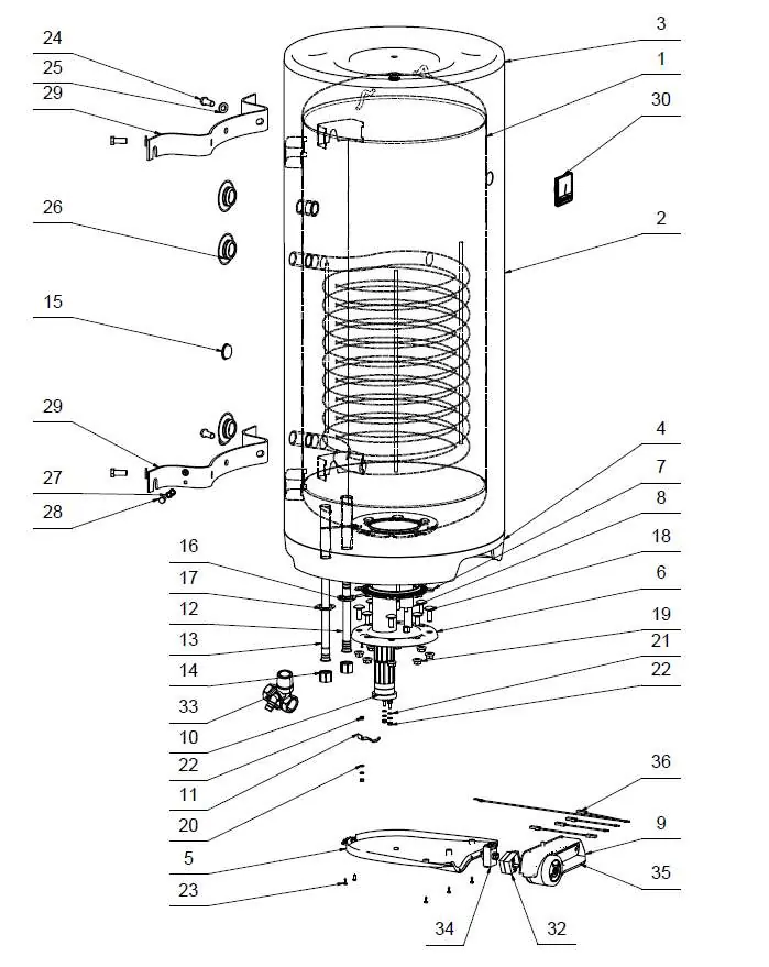 Exploded view diagram of the Dražice OKC 160/1m2 water heater